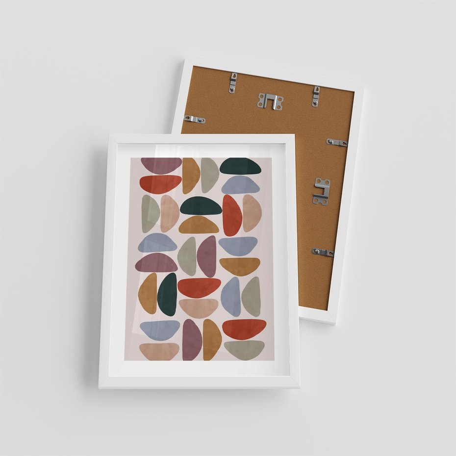 Plakat w ramie 30x40 - Kolorowe Echo Boho - abstrakcyjny obraz, geometryczna kompozycja - rama biała