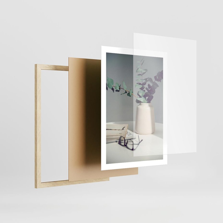 Plakat w ramie 50x70 - Eukaliptusowa Cisza - kompozycja, liście eukaliptusa w wazonie - rama drewno