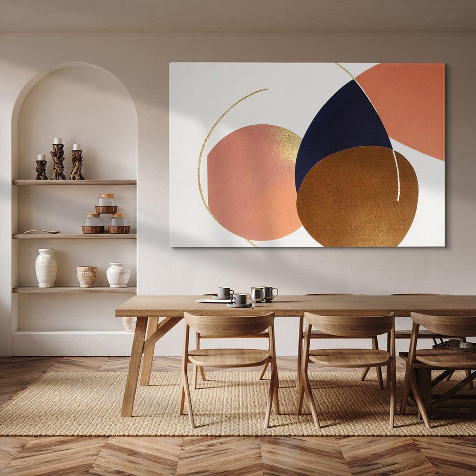 Obraz na płótnie 120x80 - Pudrowe Kreacje - abstrakcyjne plamy koła złote linie modern art