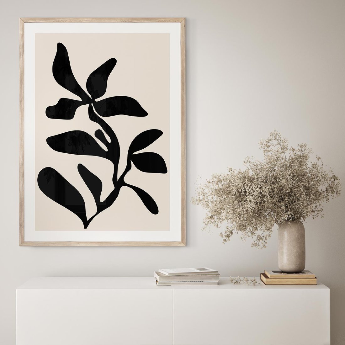 Plakat w ramie 50x70 - Wibracje Akwarelowych Ścieżek - abstrakcyjny minimalistyczna kwiat, czarno biały plakat - rama drewno