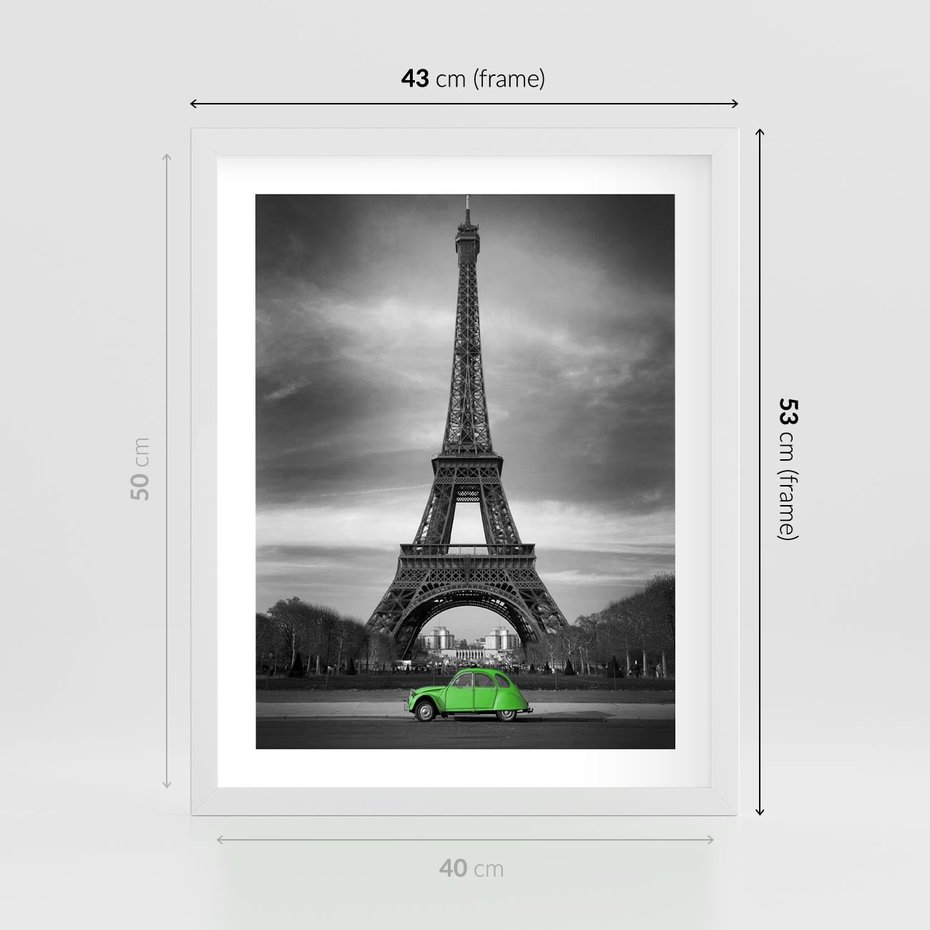 Plakat w ramie 40x50 - Paryskie Romantyczne Spotkanie - Eiffla, samochód - rama biała