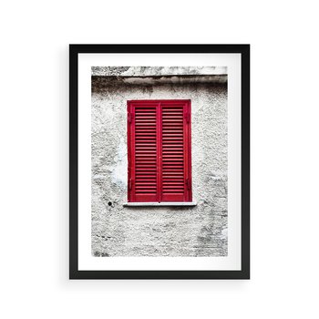 Plakat w ramie 50x70 - Okno z Czerwonymi Okiennicami - stare okno, kamienica - rama czarna