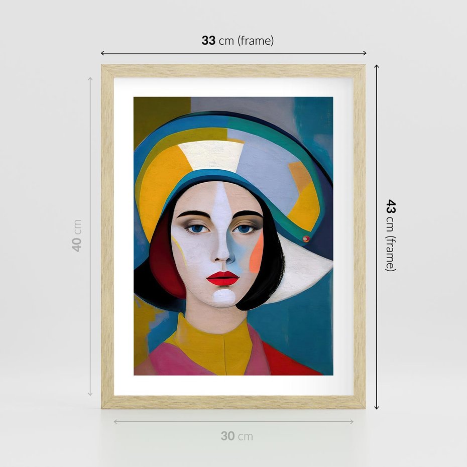 Plakat w ramie 30x40 - Kształtujące Widzenia - abstrakcyjny obraz olejny, portret twarzy kobiety - rama drewno