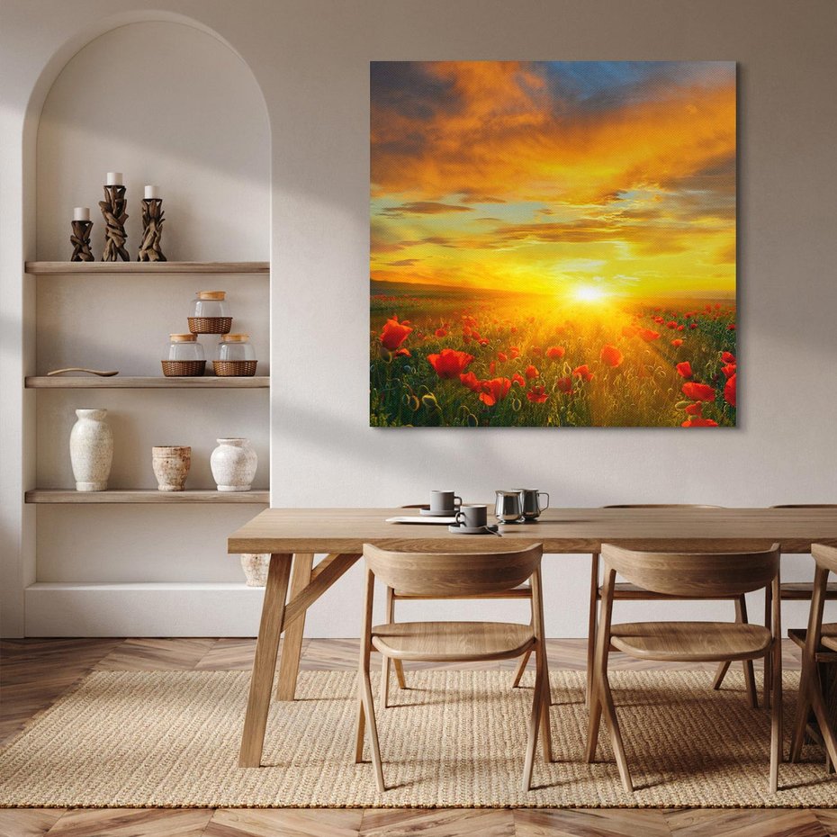 Obraz na płótnie 40x40 - Magia zachodu słońca na łące z makami - łąka, zachód słońca