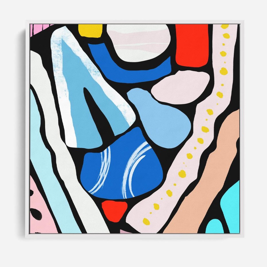 Obraz w ramie 80x80 - Kolory Na Czerni - abstrakcyjne formy, komiksowy styl - rama biała