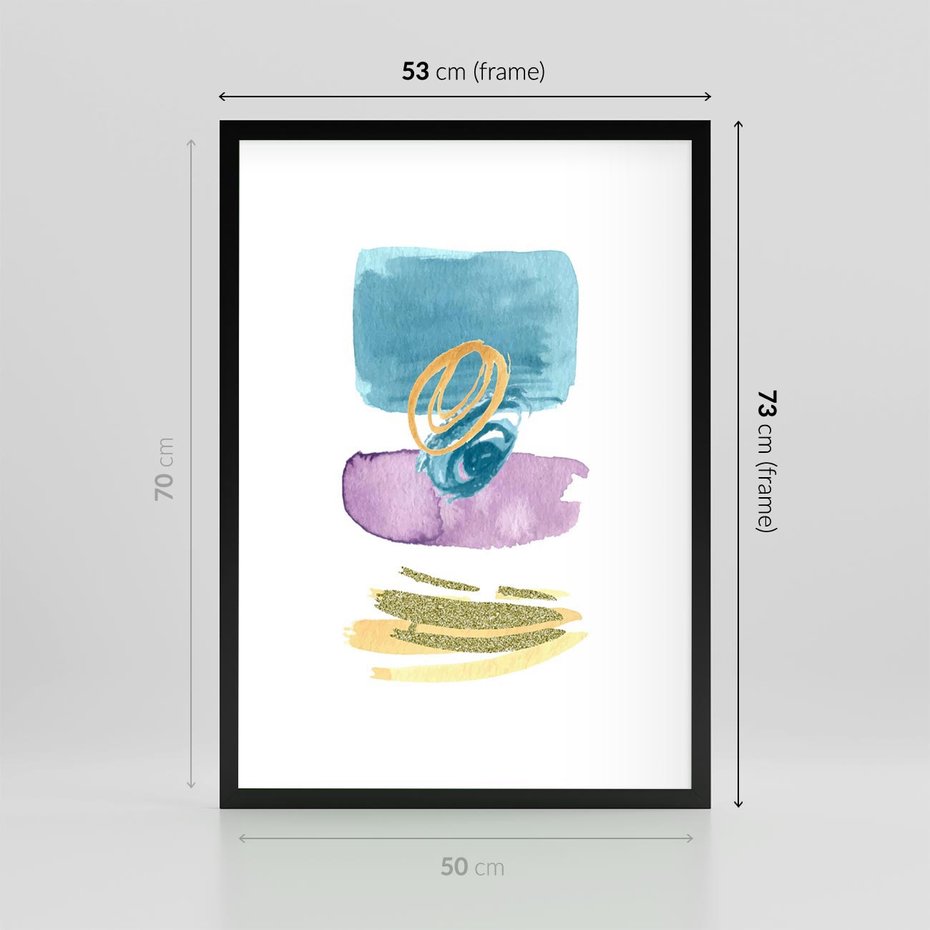 Plakat w ramie 50x70 - Taniec Akwarelowych Kresek - akwarelowe plamy w odcieniach błękitu, złote kreski - rama czarna