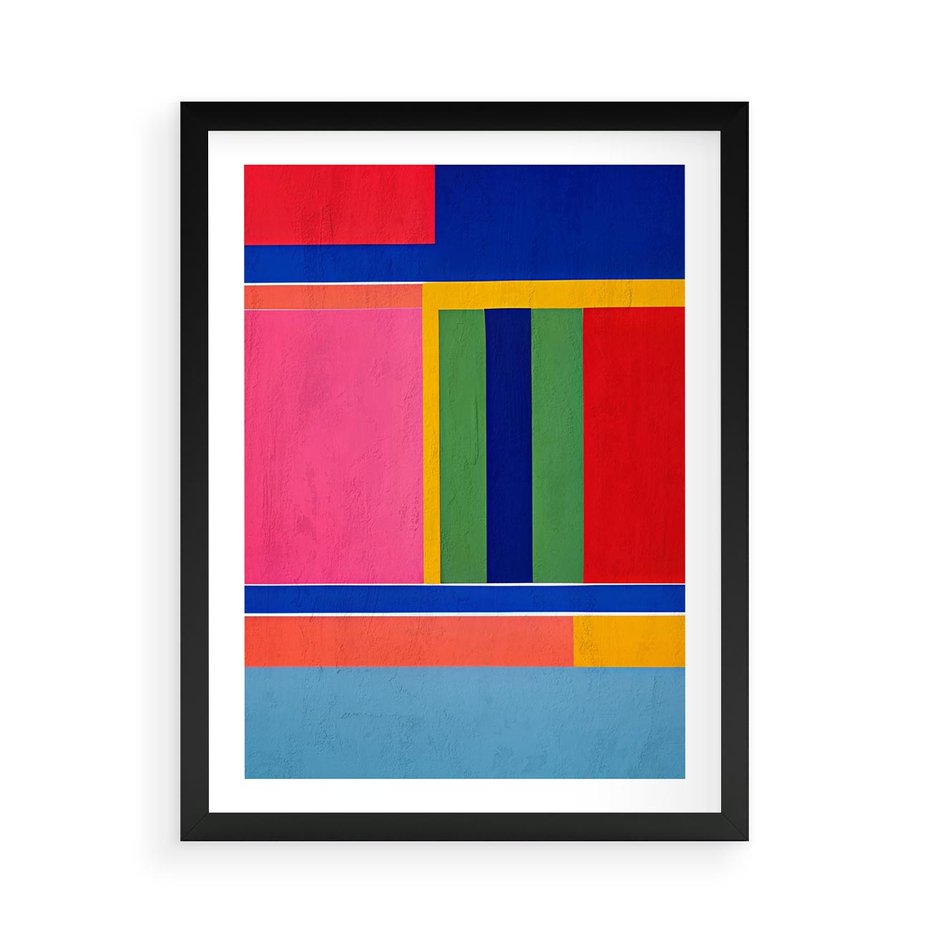 Plakat w ramie 50x70 - Wnętrza Rozplątanych Barw - abstrakcyjny geometryczny obraz olejny, kolorowe pasy - rama czarna