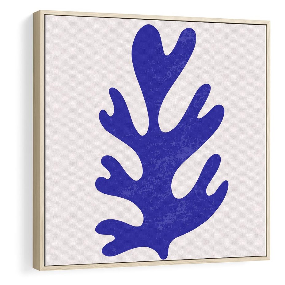 Obraz w ramie 50x50 - Przenikająca Struktura - boho plakat, niebieski liść w intensywnym kolorze - rama drewno