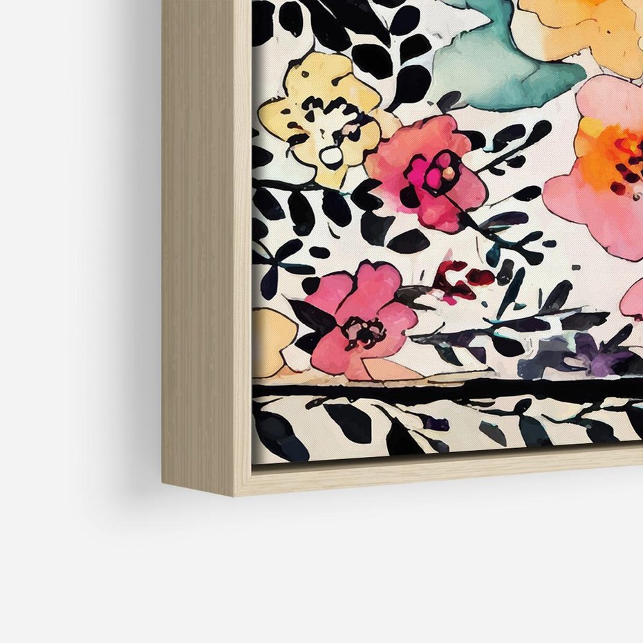 Obraz w ramie 50x50 - Opowieść w kroplach farb - akwarelowe kwiaty, mocna ornamentowa czarna ramka namalowana dookoła obrazu - rama drewno