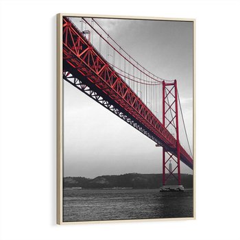 Obraz w ramie 70x100 - Majestatyczny Most - czarno biała fotografia, czerwony stalowy most nad rzeką - rama drewno
