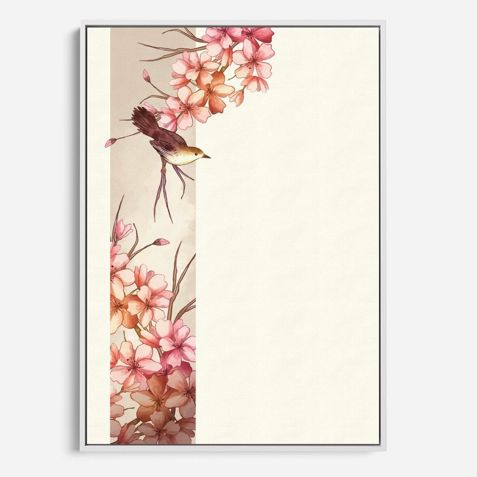 Obraz w ramie 70x100 - Rozkwitające Marzenia - japońska sztuka, ptak - rama biała