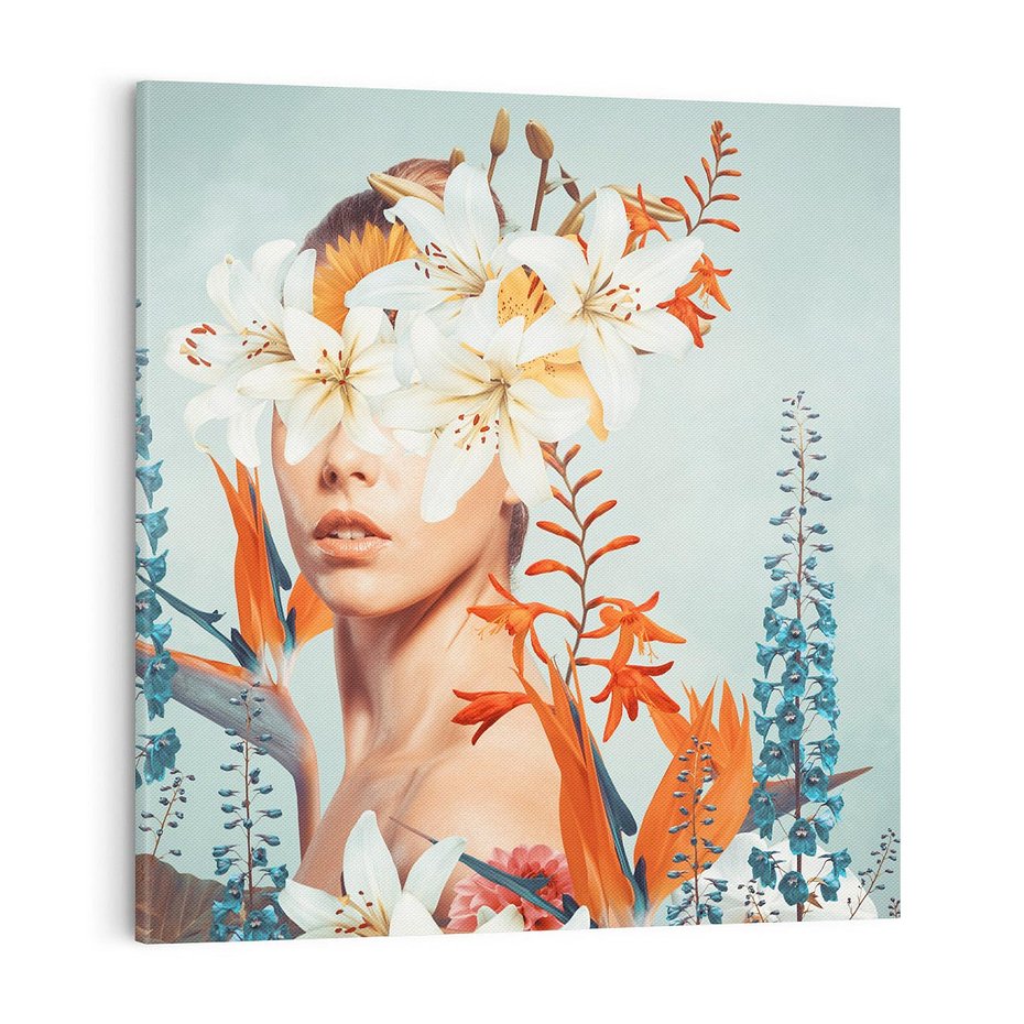 Obraz na płótnie 70x70 - Kwiatowa Enklawa Uroku - kolaż, nierealna kompozycja