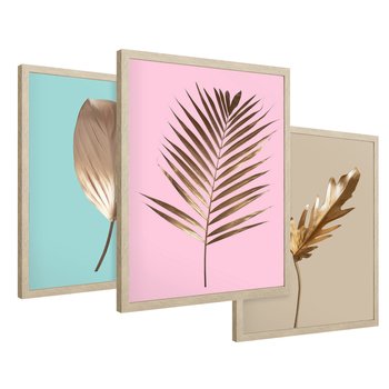Zestaw obrazy w ramie 50x70 galeria - Złote, liście, palma, pastelowe, gold - rama drewno