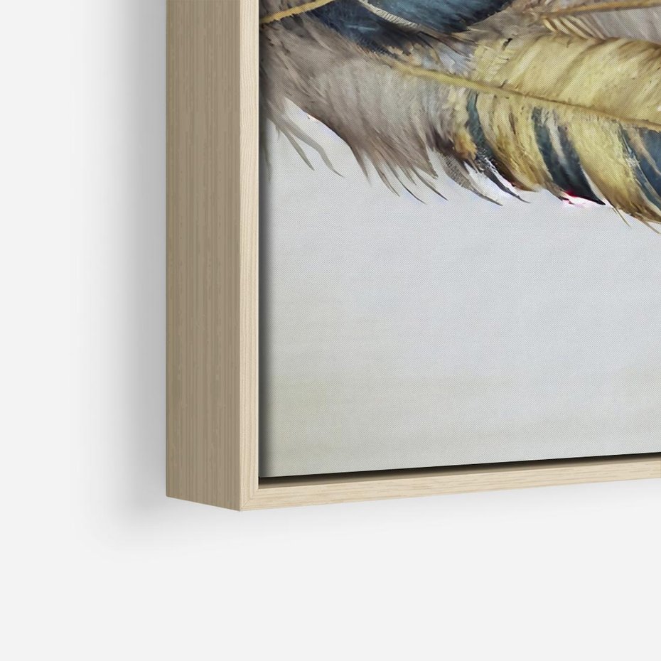 Obraz w ramie 50x50 - Granatowo-Złote Pióra - sztuka, granatowe i złote pióra - rama drewno