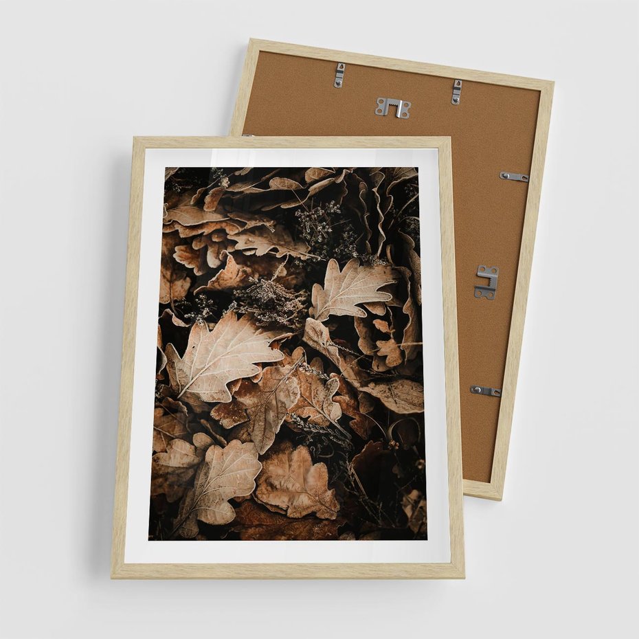 Plakat w ramie 50x70 - Jesienna Melodia: Liście i Szyszki - suche liście, szyszki - rama drewno