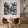 Obraz w ramie 80x80 - Mroczna Ścieżka Tropików - czarno biała fotografia, ścieżka pośród palm - rama drewno