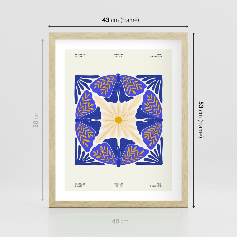 Plakat w ramie 40x50 - Księga Abstrakcji - abstrakcyjna boho kompozycja, granatowe ćmy - rama drewno