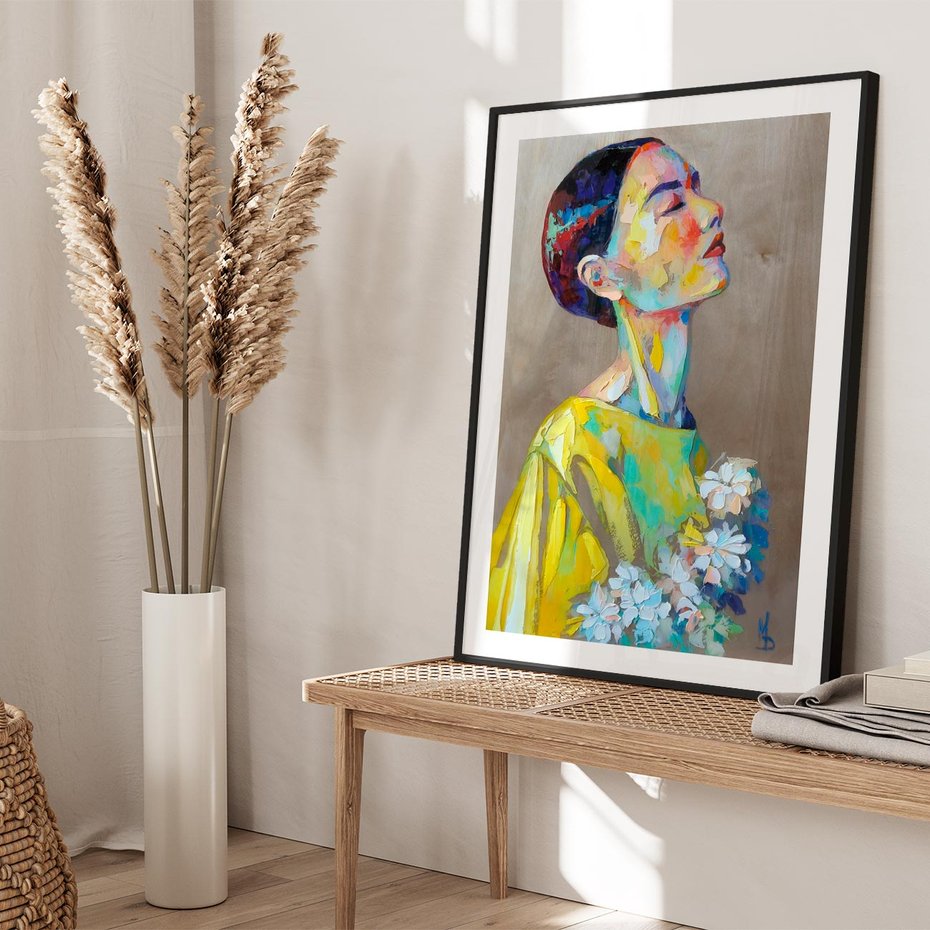 Plakat bez ramy 50x70 - W Żółtej Sukience - olejny abstrakcyjny obraz, portret kobiety w żółtej sukience