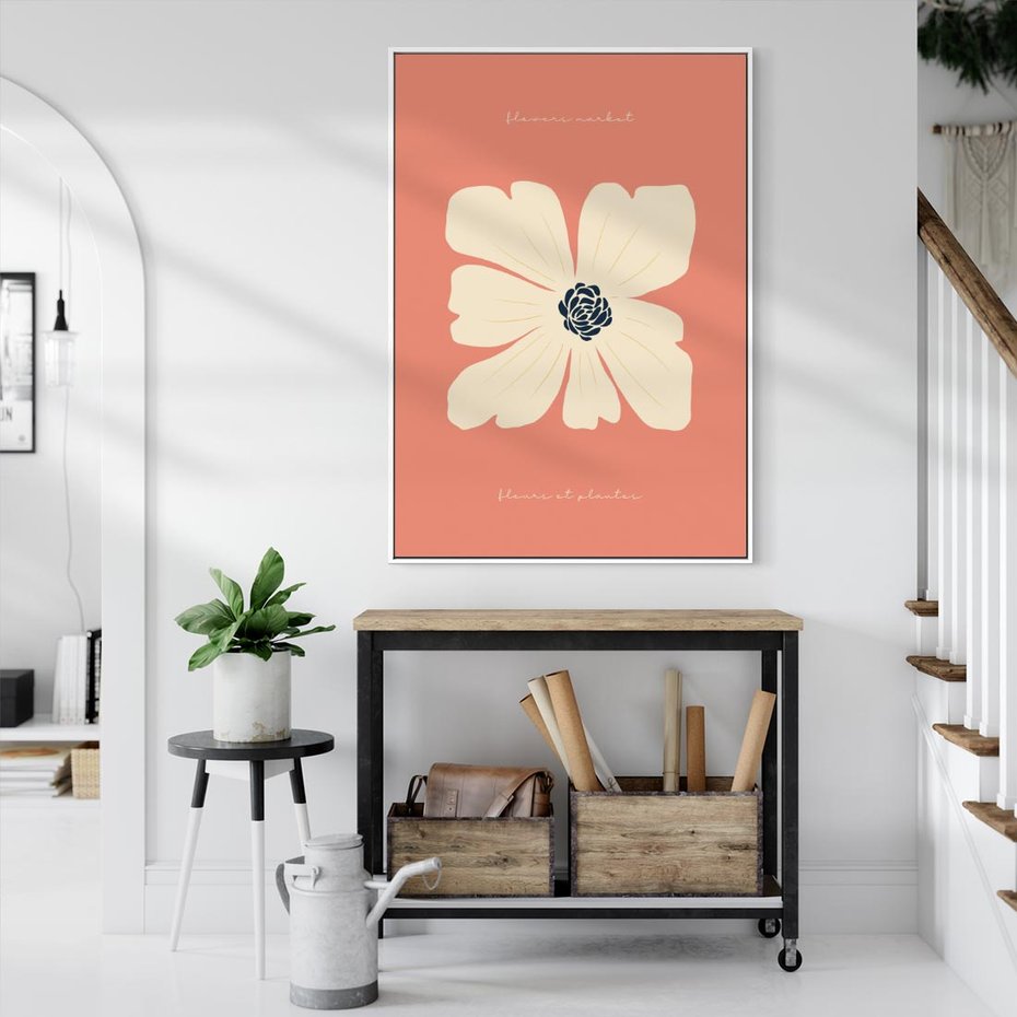 Obraz w ramie 80x120 - Malowane Kolorowe Echa - minimalistyczna grafika, biały kwiat na różowym tle - rama biała