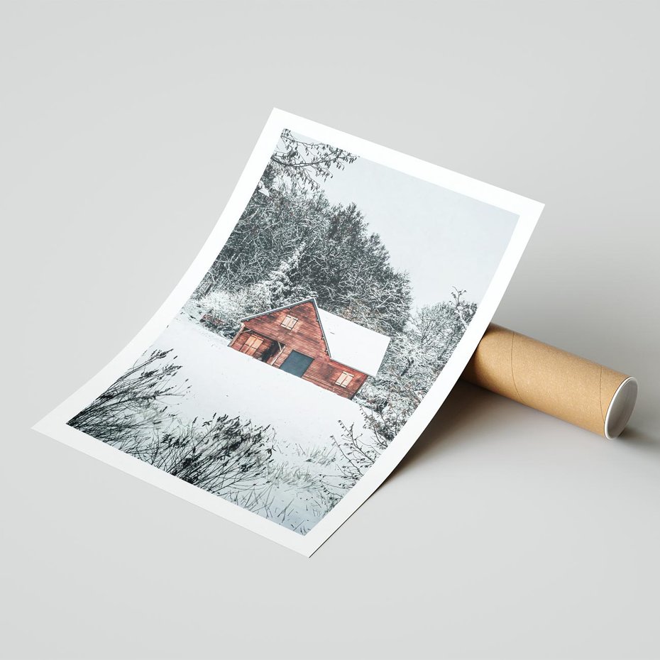 Plakat bez ramy 21x30 - Domek w Górach Pokryty Śniegiem - domek w górach, śnieg