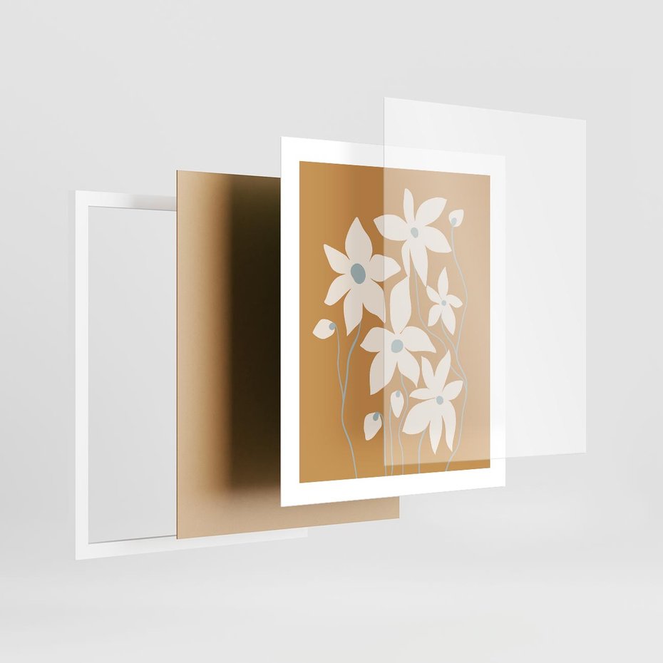 Plakat w ramie 40x50 - Kwiatowy Spektakl - minimalistyczne kwiaty, na pomarańczowym tle - rama biała