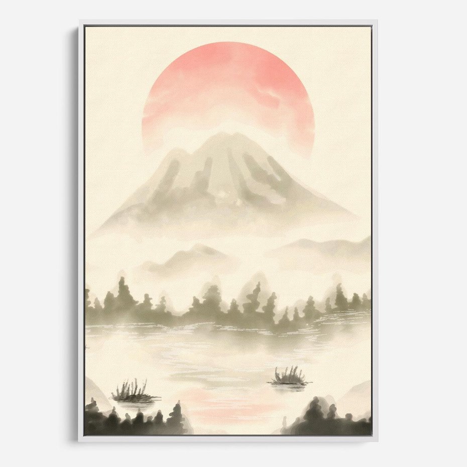 Obraz w ramie 50x70 - Przyroda Japonii - japońska akwarela, góry - rama biała