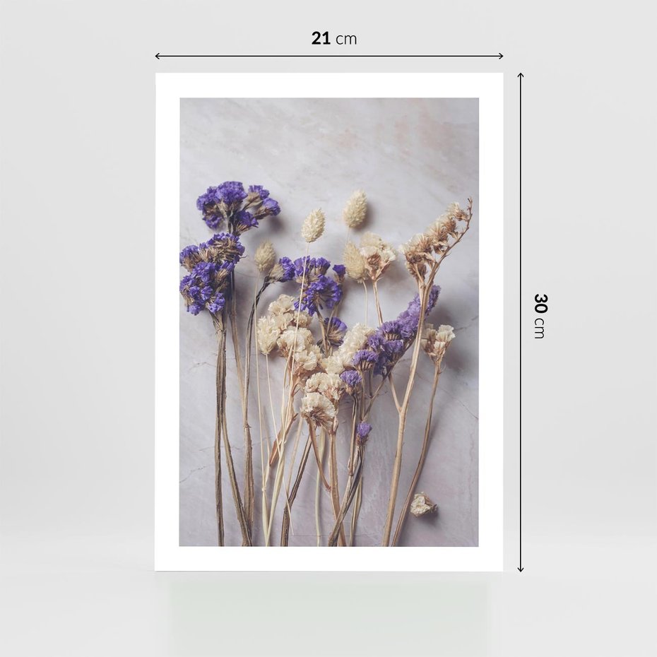 Plakat bez ramy 21x30 - Błękitno-Biała Harmonia - suszone kwiaty, błekitne
