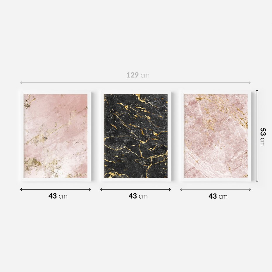 Zestaw obrazy w ramie 40x50 galeria - Marmur, złoto, róż, czerń - rama biała