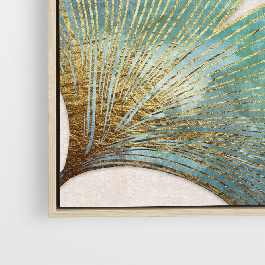 Obraz w ramie 120x80 - Złota Melodia Liści - złote, turkusowe liście miłorzębu - rama drewno