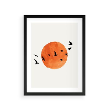 Plakat w ramie 40x50 - Zachód Słońca i Ptaki - grafika akwarela, czarne ptaki na tle zachodu słońca - rama czarna