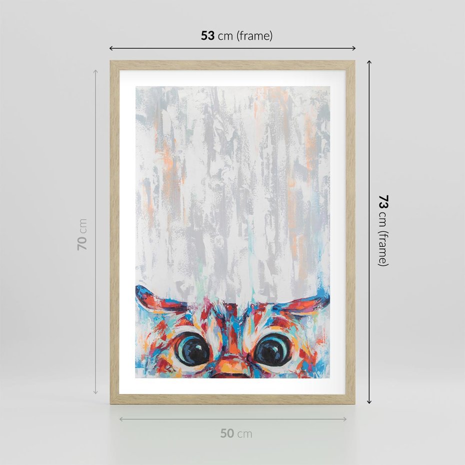 Plakat w ramie 50x70 - Co ja Widzę - obraz olejny, śmieszny obraz kota - rama drewno