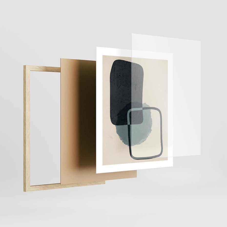 Plakat w ramie 40x50 - Migotliwe Refleksje - abstrakcyjne nieregularne kształty, minimalistyczny plakat - rama drewno