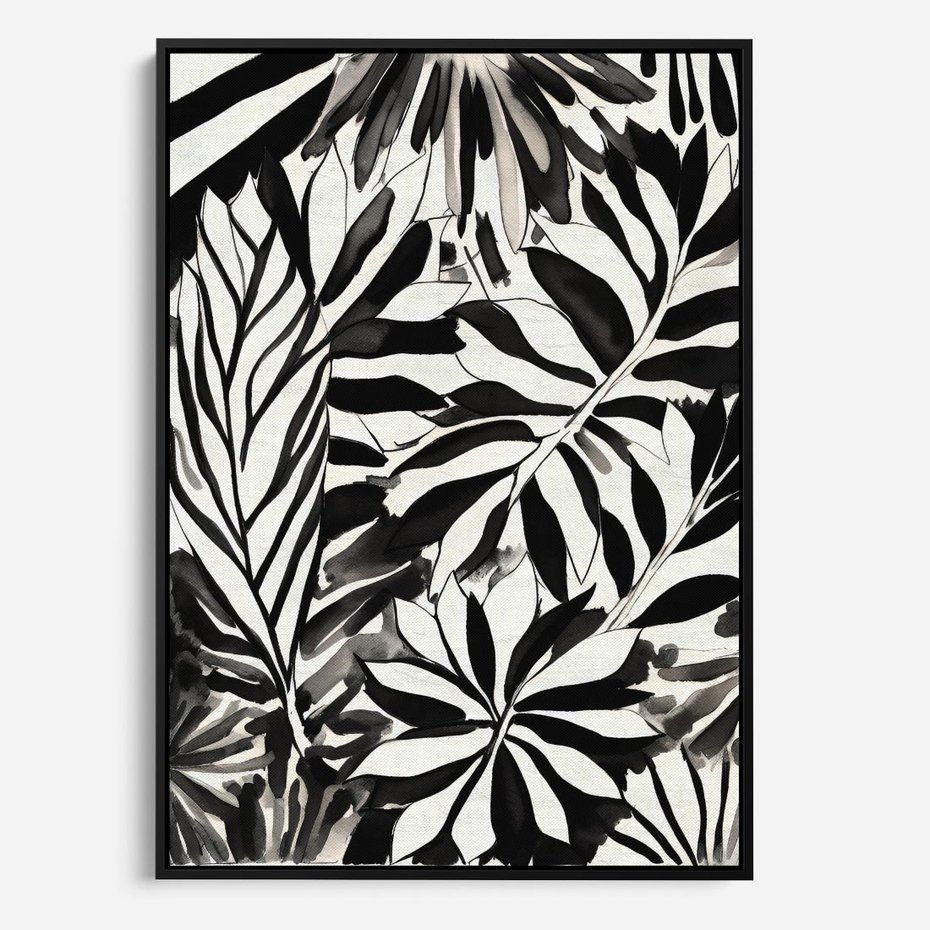 Obraz w ramie 50x70 - Czarne Liście - akwarelowy obraz, czarno biały - rama czarna