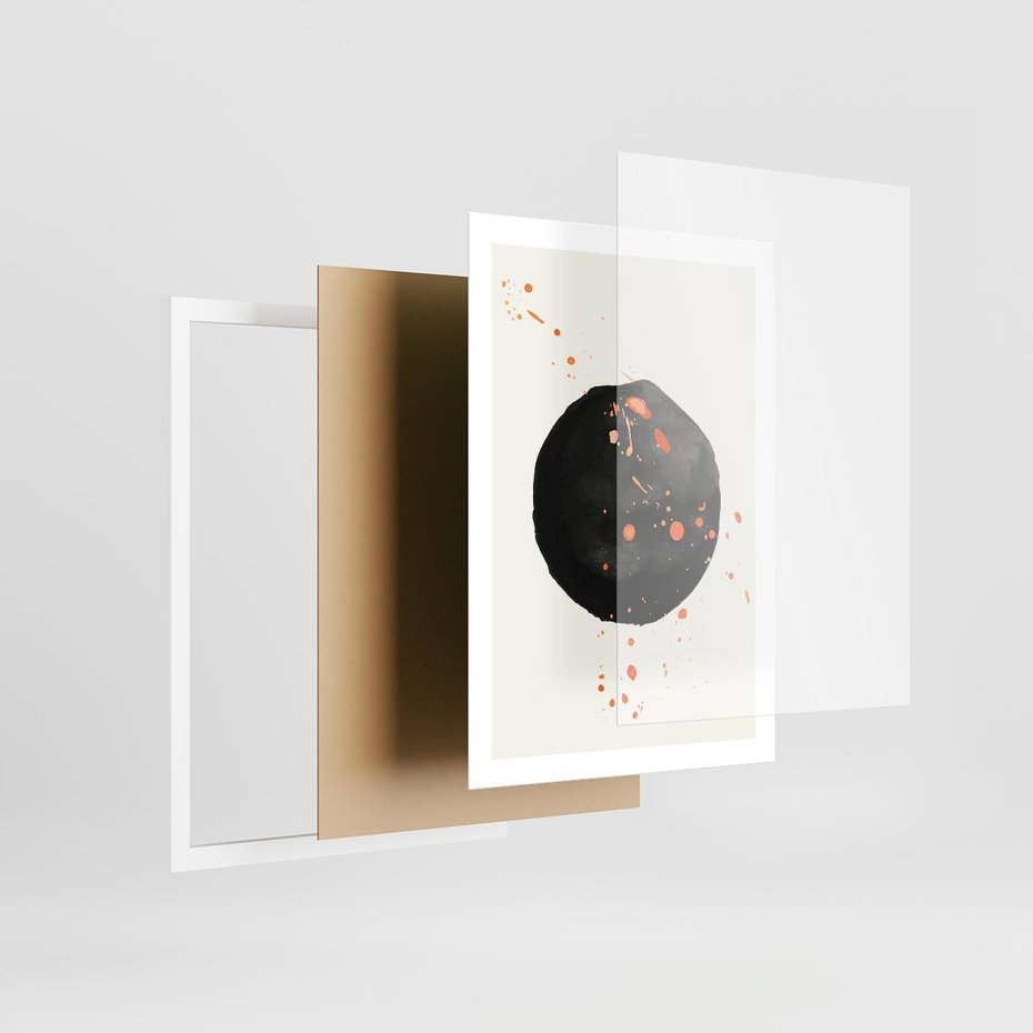 Plakat w ramie 50x70 - Wnętrza Marzeń - abstrakcyjna czarna plama, rozsiane pomarańczowe kropki - rama biała