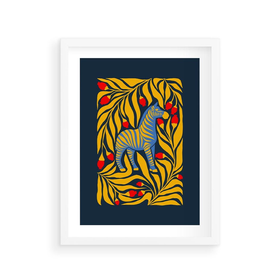 Plakat w ramie 30x40 - Wibracje Wyobraźni - zebra, granatowe tłó - rama biała