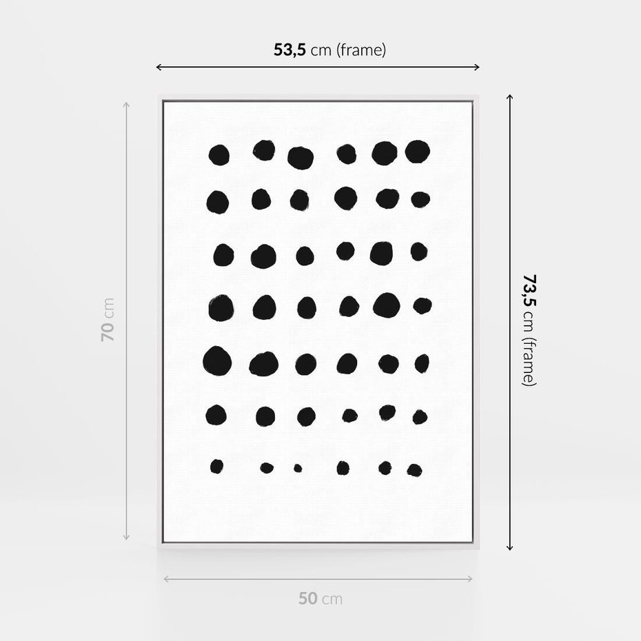 Obraz w ramie 50x70 - Refleksje Światła - minimalistyczna kompozycja, czarne kropkina białym tle - rama biała