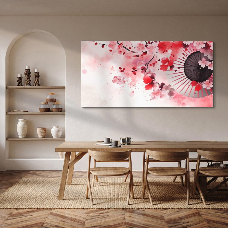 Obraz na płótnie 100x50 - Szept Kwitnącej Wiśni - japoński parasol, liście