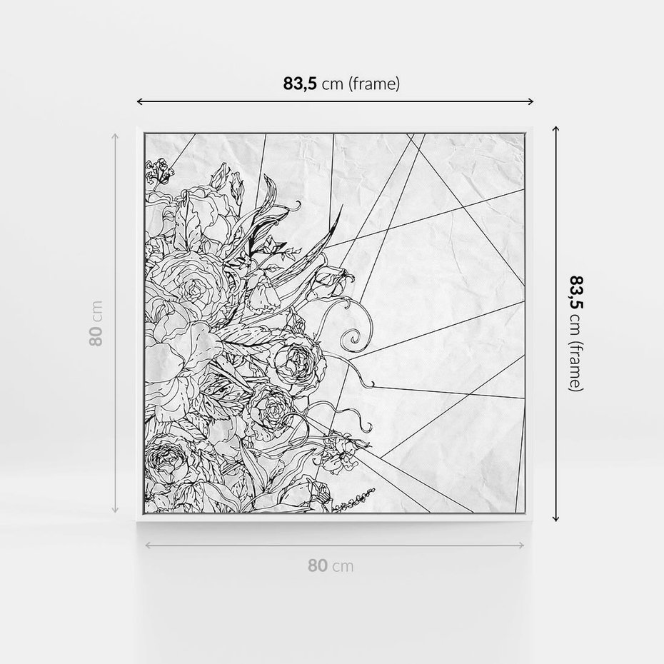 Obraz w ramie 80x80 - Refleksje w martwym punkcie - graficzny szkic, kompozycja kwiatów - rama biała