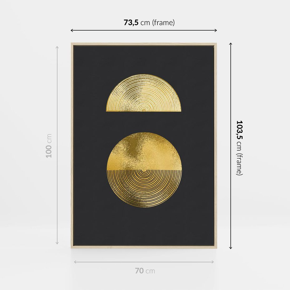 Obraz w ramie 70x100 - Migotliwe Przeniknięcia - złote koła, czarne tło - rama drewno