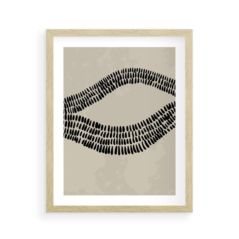 Plakat w ramie 40x50 - Kontury Ewolucji Materii - boho plakat, czarne kropki kreski - rama drewno