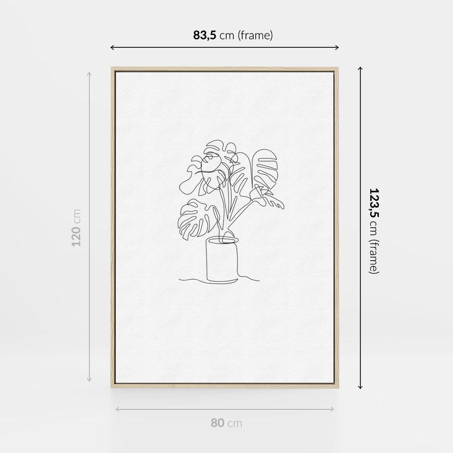 Obraz w ramie 80x120 - Tajemnicza Harmonia - sztuka one line, monstera - rama drewno