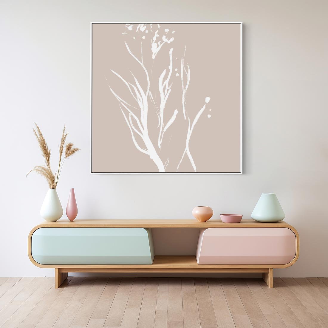 Obraz w ramie 80x80 - Impresje Pastelowych Nastrojów - minimalistyczny delikatny obraz, beżowe odcienie - rama biała