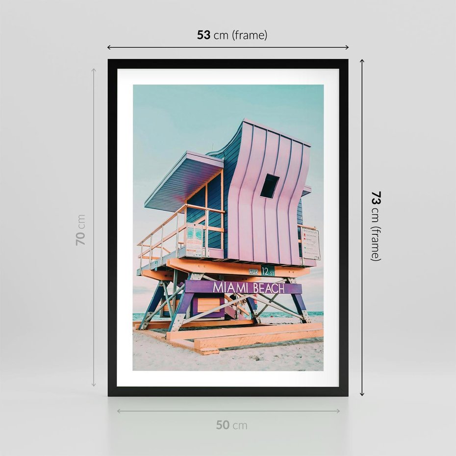 Plakat w ramie 50x70 - Miami Beach - plaża miami, domek ratownika - rama czarna