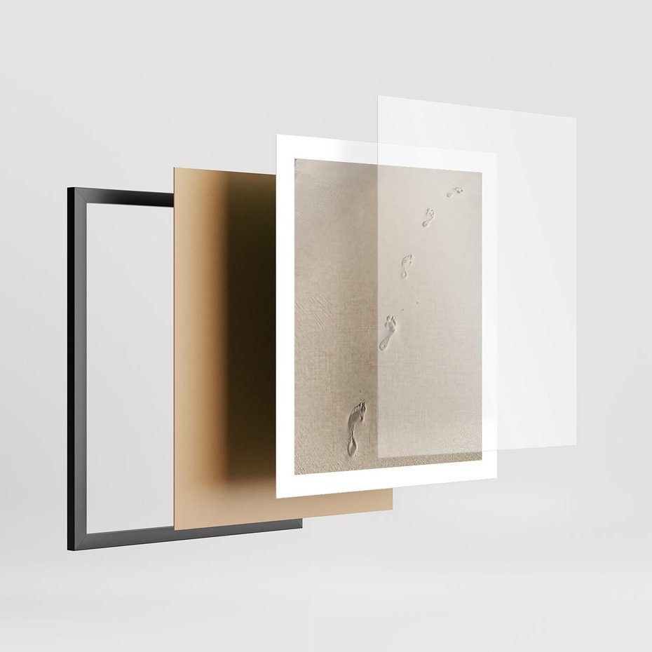 Plakat w ramie 40x50 - Ślady na Złocistym Piasku - piasek, ślady stóp na piasku - rama czarna