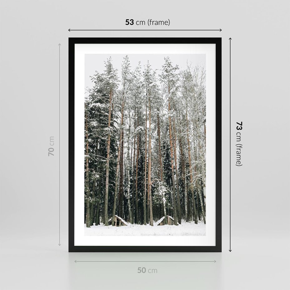 Plakat w ramie 50x70 - Sypiący Śnieg - las w zimie, drzewa pod śniegiem - rama czarna
