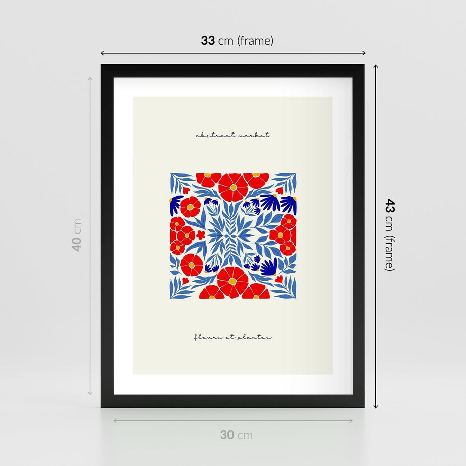 Plakat w ramie 30x40 - Tajemnicza Droga - nowoczesna kwiatowa kompozycja, czerwony i niebieski - rama czarna