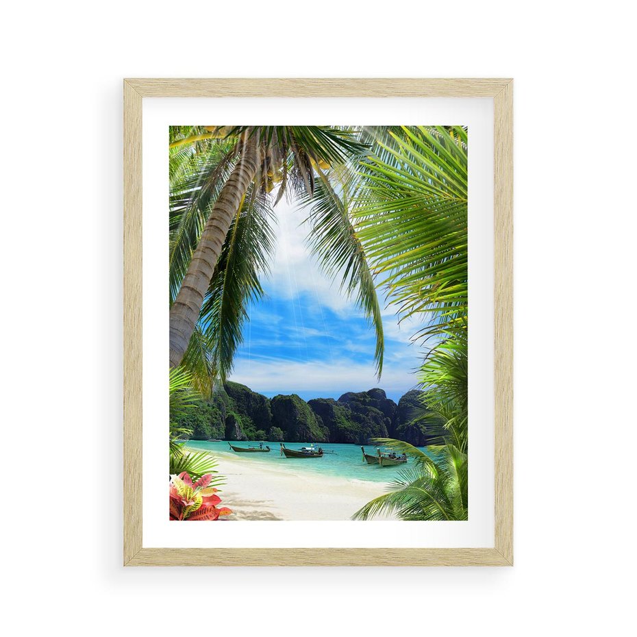 Plakat w ramie 40x50 - Palmy tańczące na tropikalnej plaży - palmy, plaża - rama drewno