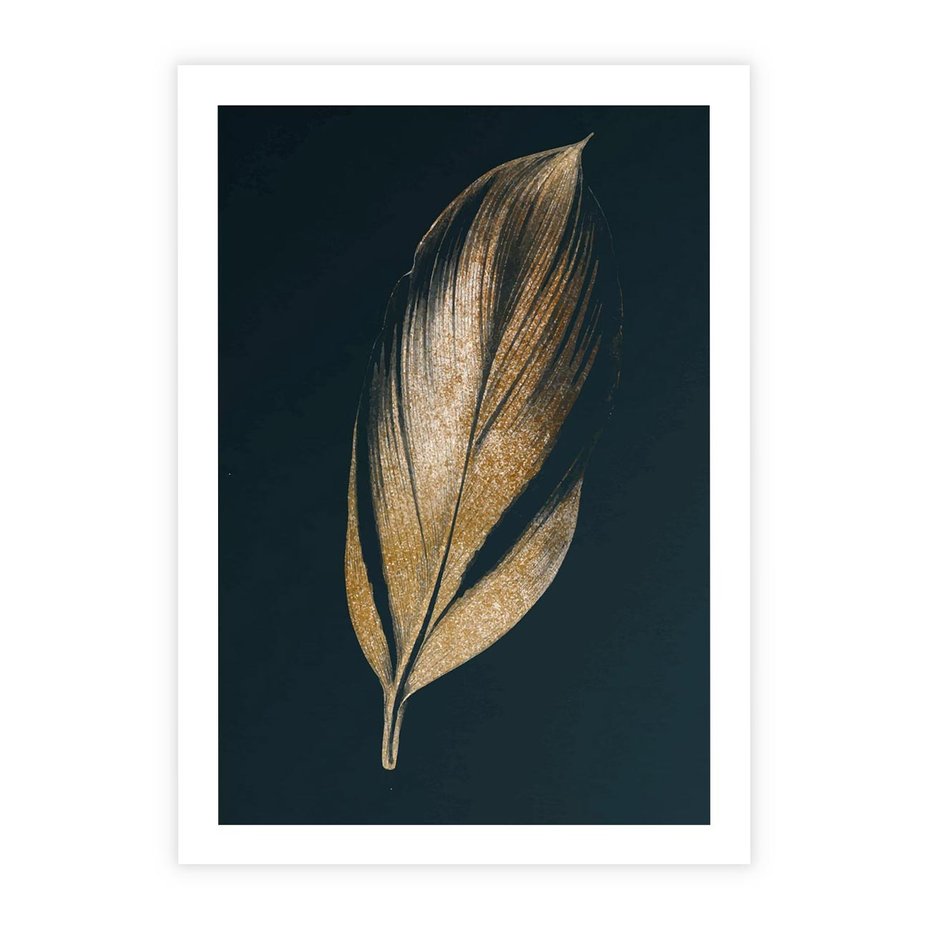 Plakat bez ramy 21x30 - Mroczne Złoto - nowoczesna grafika, złoty liść na czarnym tle