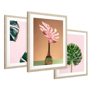 Zestaw obrazy w ramie 40x50 galeria - Monstera, liście, pastelowe, tło, tropikalne - rama drewno