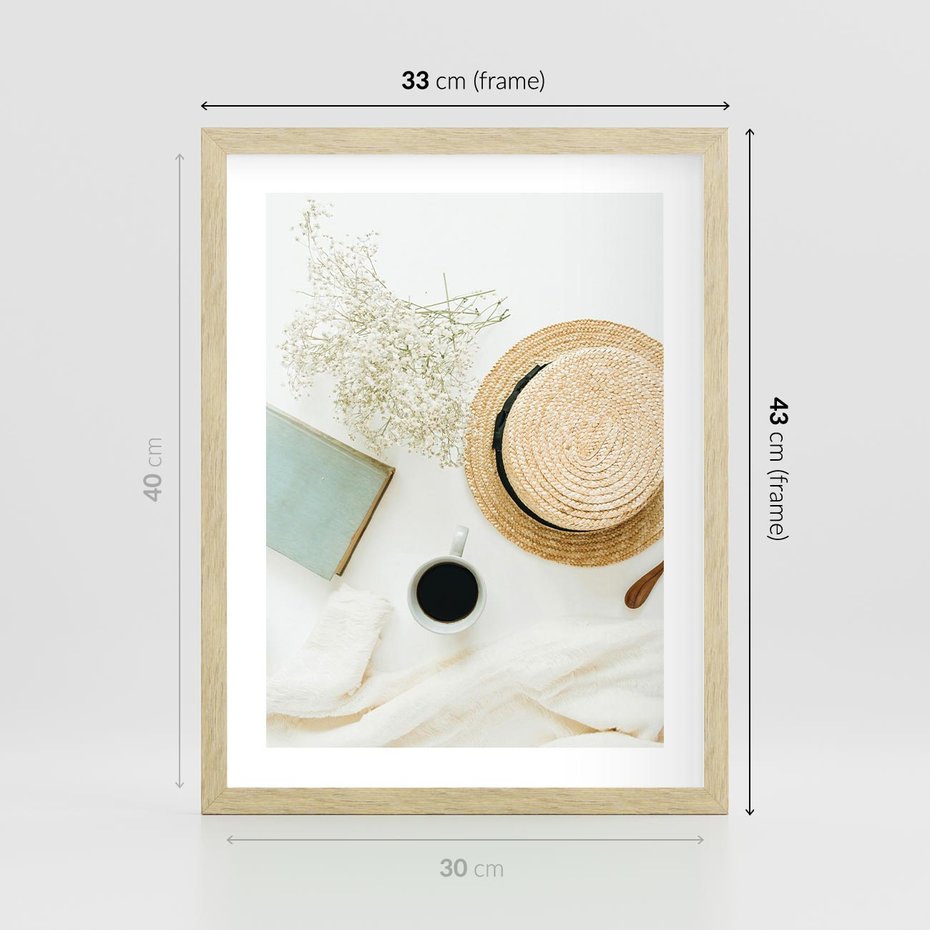 Plakat w ramie 30x40 - Boho Urok - kompozycja boho, slomkowy kapelusz - rama drewno